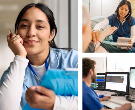 three images of healthcare professionals working with patients and typing on a computer