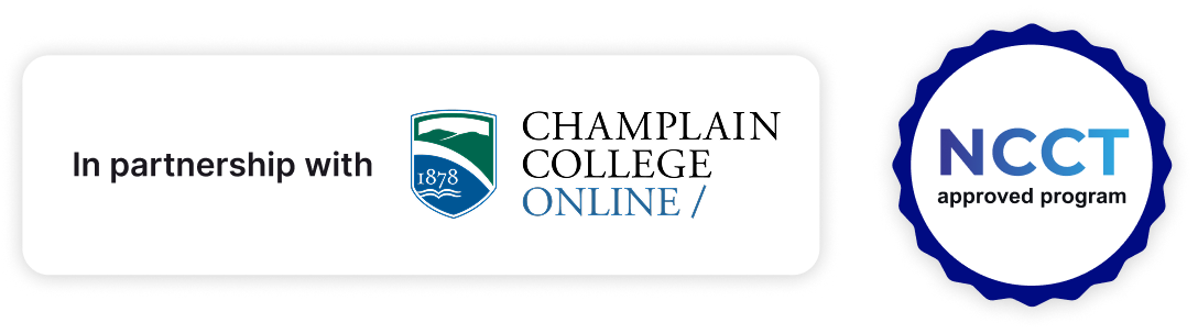 Badges showing the program is NCCT-approved and in partnership with Champlain College Online