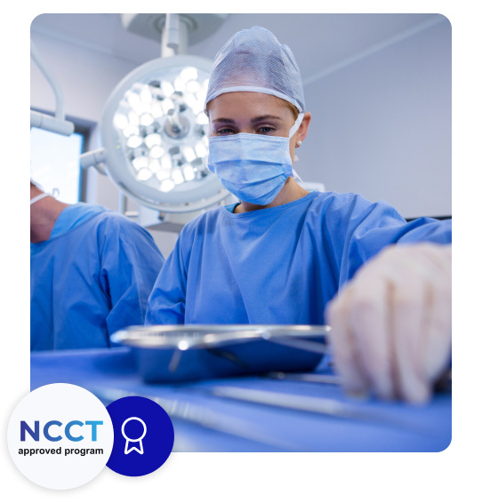 Surgical tech handling surgical tools with badge showing the program is NCCT-approved
