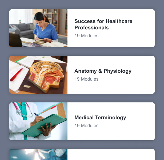 Program course cards showing the Intro to Perioperative Technology course modules.